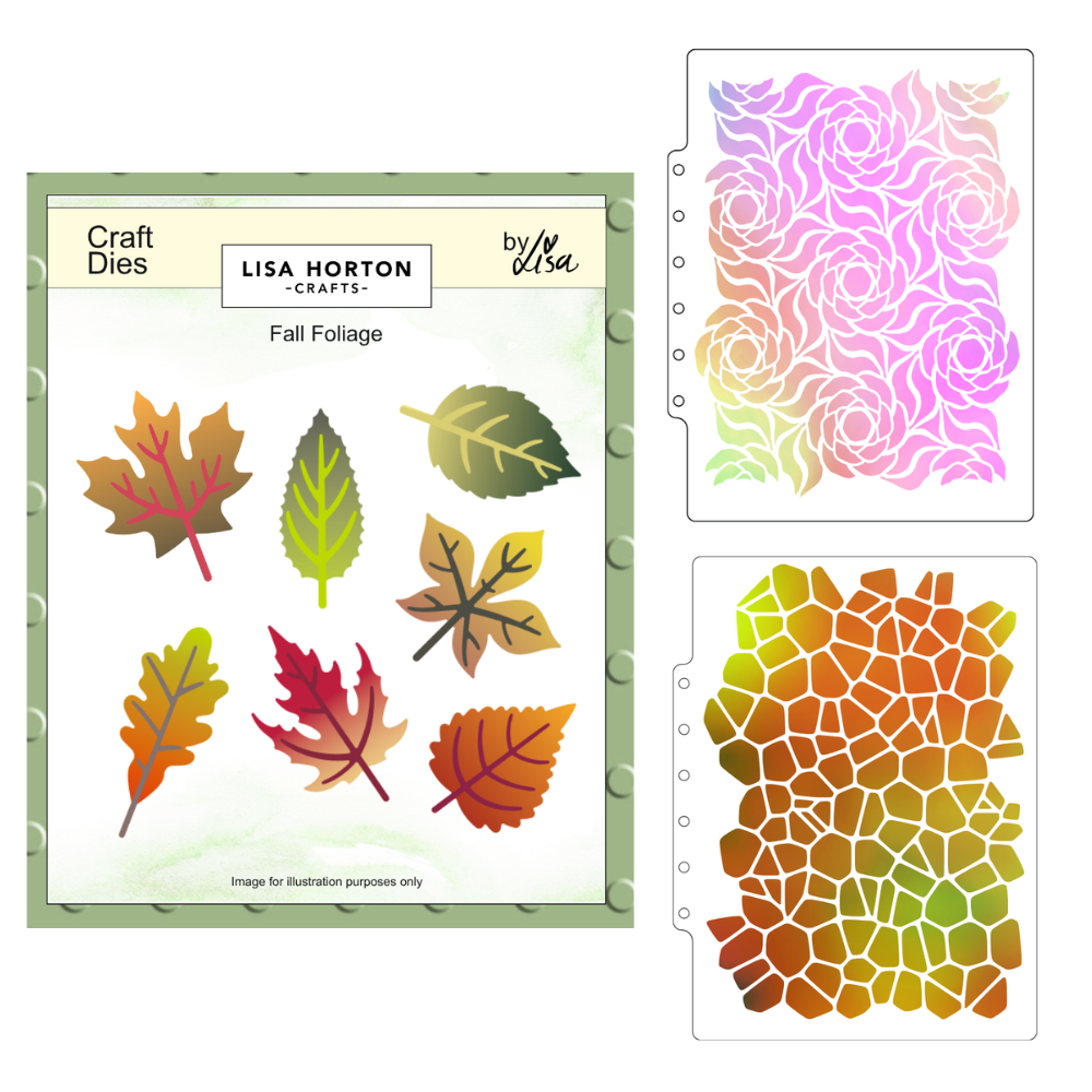 Lisa Horton Crafts Autumn Foliage Die Set with A5 Wavy Blooms and A5 Pebbles Stencils