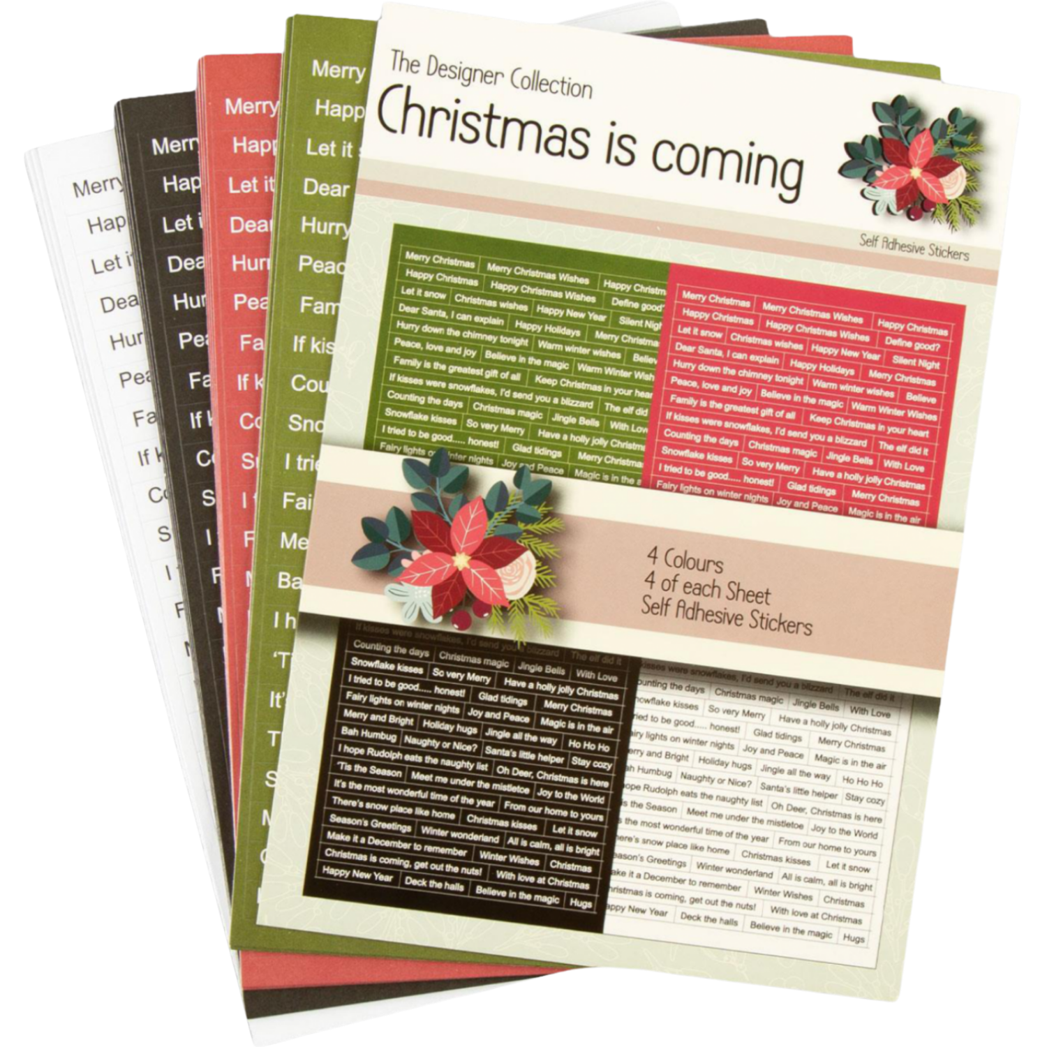 Christmas Is Coming Self Adhesive Stickers - 4 x Colours, 4 x Sheets of Each
