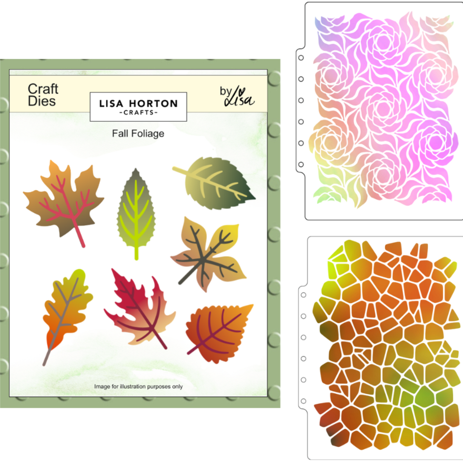 Lisa Horton Crafts Autumn Foliage Die Set with A5 Wavy Blooms and A5 Pebbles Stencils